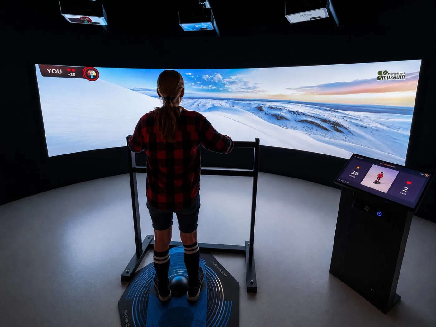 A visitor on an immersive curved-screen SkyTechSport simulator experience